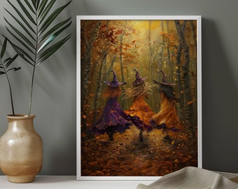 Fall and Halloween Living Room Witch Wall Art, Beautiful Witches in Fall Forest Print, Ethereal Witches, Magical Enchanting Witches Poster