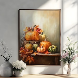 Arte mural de naturaleza muerta con calabazas, impresión de cosecha de otoño, póster vintage de otoño en marrón y naranja, pintura al óleo de otoño de pueblo, arte mural melancólico