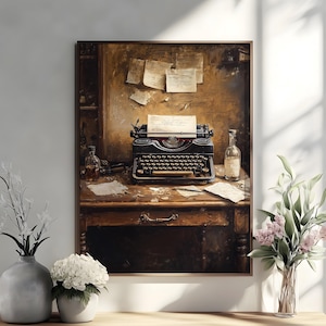 Classic Typewriter Painting Poster, Vintage Library Poster, Book Art, Old World Charm Art, Book Lovers Gift, Reading Gift, Antique Wall Art