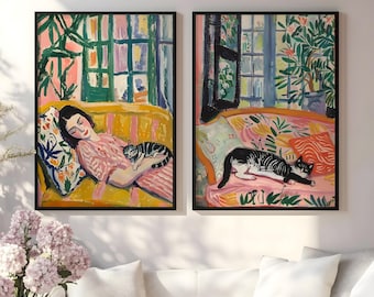 Henri Matisse Cat Print, Matisse Cat and Woman Poster, Livingroom Wall Decor, Henri Matisse Open Window Art, Cute Cat Art Digital Download