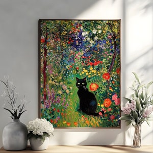 Impression de chat de jardin Claude Monet, affiche de chat de Claude Monet, art de chat noir, impression florale, peinture de chat noir, affiche vintage, cadeau pour maman de chat