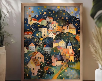 Gustav Klimt Village Night Print Digital Download, Pôster Gustav Klimt, Pôster da Exposição Klimt, Arte de Parede da Cidade Gustav Night, Presente para Casa Nova