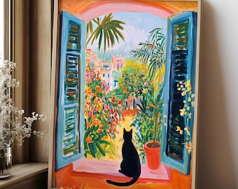 Henri Matisse Druck, schwarze Katze Matisse Poster, Küstenlandschaft, moderne Wandkunst, offene Fenster Kunst, Henri inspirierte Kunst, neue Haus Geschenke