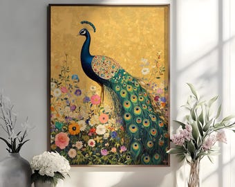 May include: A framed wall art print featuring a vibrant peacock with deep blue plumage and a long, detailed tail with green and gold eyes, standing amidst a dense field of colorful wildflowers against a textured, shimmering gold background.