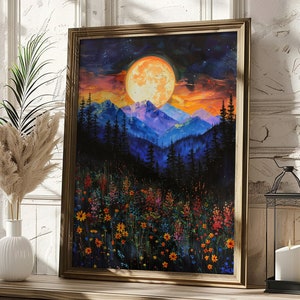 Full Moon Wildflowers Print, Moon above the Wildflower Nature Oil Painting, Flowers and Mountain Mystical Midnight Enchanted Full Moon Art