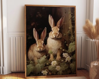 Antique Rabbit Painting, Couple Bunny Wall Art Poster, Dark Academia Wall Art Vintage Bunny Print, Moody Rustic Wild Hare Art, Housewarming