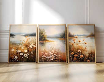 Afdrukbare Wildflower veld set van 3, vintage boerderij olieverfschilderij kunst, veld landschap olieverfschilderij afdrukbaar, digitale muur kunst afdrukbaar