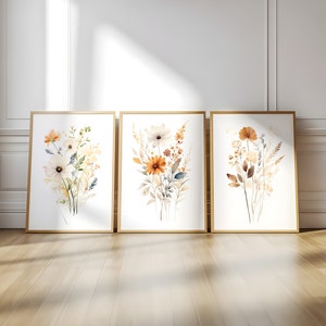 Set Of 3 Neutral Watercolor Wildflower Prints, Autumn Gallery Printable Wall Art Bundle, Minimalist Boho Wall Decor, Botanical Wall Art Set