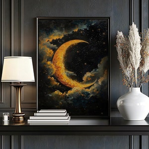 Enchanting Celestial Moon Art, Dark Academia Wall Art, Vintage Moon and Cloud Print, Moody Rustic Art Night Sky Painting Moon Wall Art Print