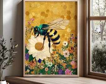 May include: A framed wall art print featuring a large, fuzzy bee with a teal head and black and yellow striped abdomen perched on a white daisy. The background displays a golden honeycomb pattern above a field of colorful wildflowers.