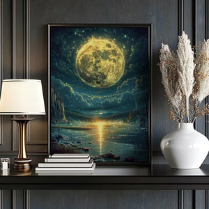Vintage Celestial Moon Print, Dark Academia & Dark Cottagecore, Natural Landscape Art, Moody Rustic Art Night Sky Painting, Moon Art Print