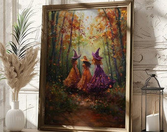 Peinture vintage Sorcières dans la forêt, oeuvre d'art murale sorcière, affiche de sorcières enchanteresses magiques, décoration murale d'automne de salon, cadeau d'art de pendaison de crémaillère
