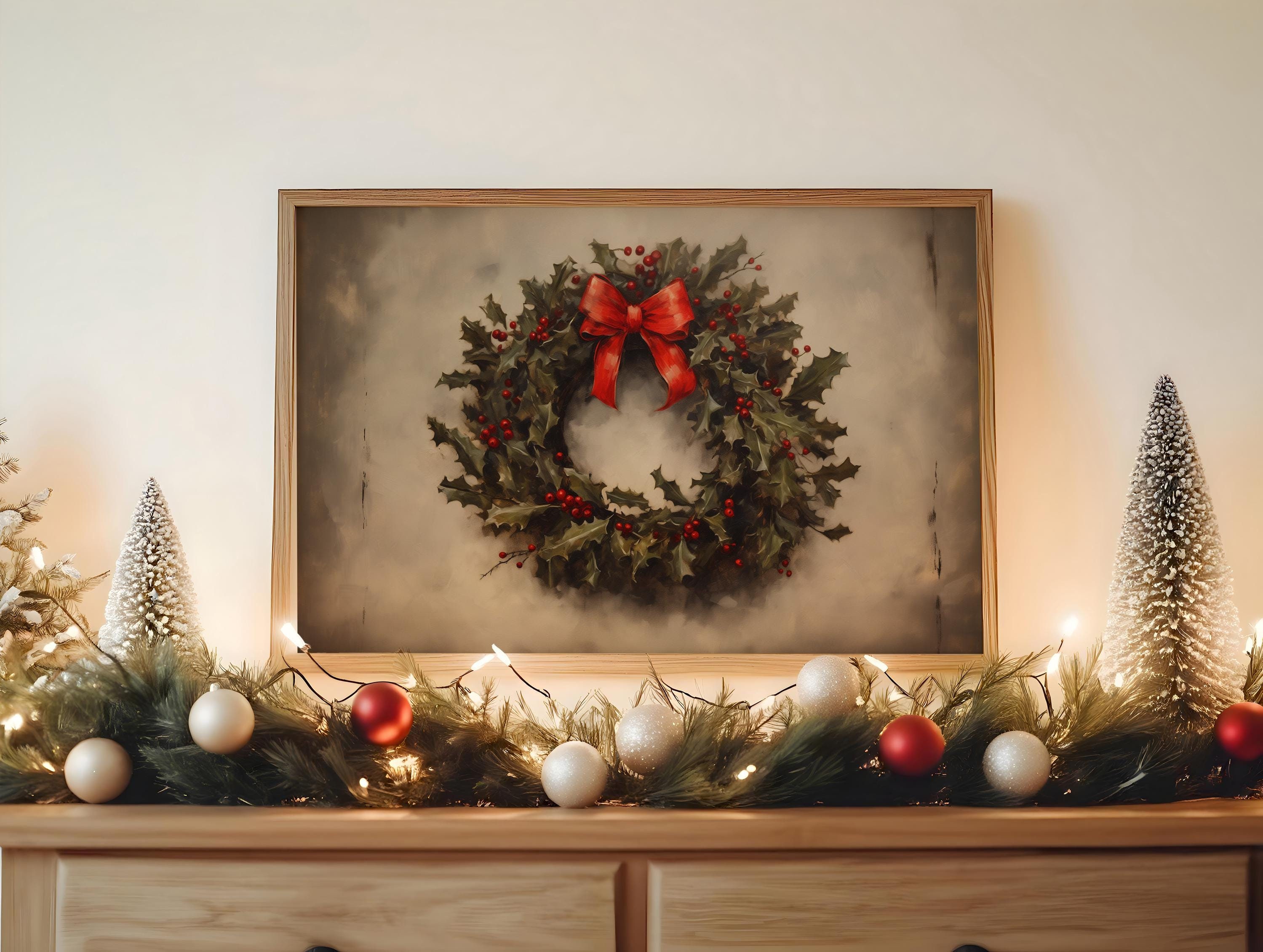 Christmas Wreath Art Poster, Vintage Holiday Decor, Xmas Wreath