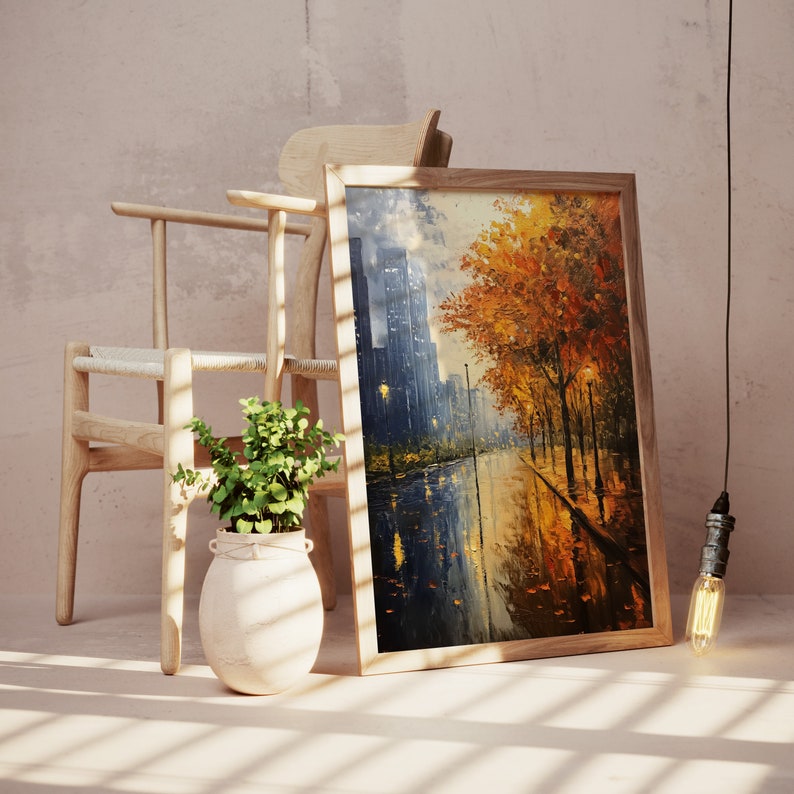 Rainy Autumn City Print, Moody Fall Cityscape Print, Antique Fall City