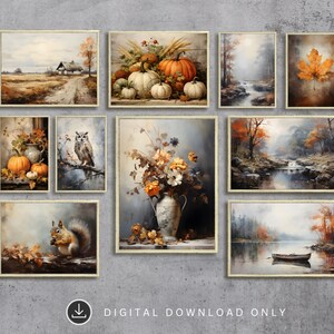 May include: Set of nine digital prints featuring autumnal scenes, including a farmhouse, pumpkins, an owl, a squirrel, a vase of flowers, and various landscapes with trees, rivers, and waterfalls.