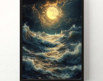 ヴィンテージの月と波の油絵プリント、ダークアカデミアの壁アート