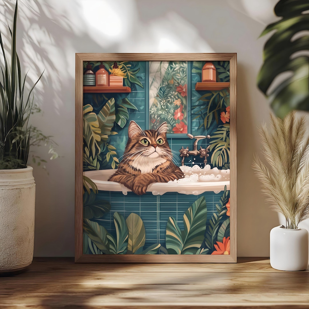 Tabby Cat in Bathtub Art Print, Maximalist Funny Cat in Bath Wall Art ...