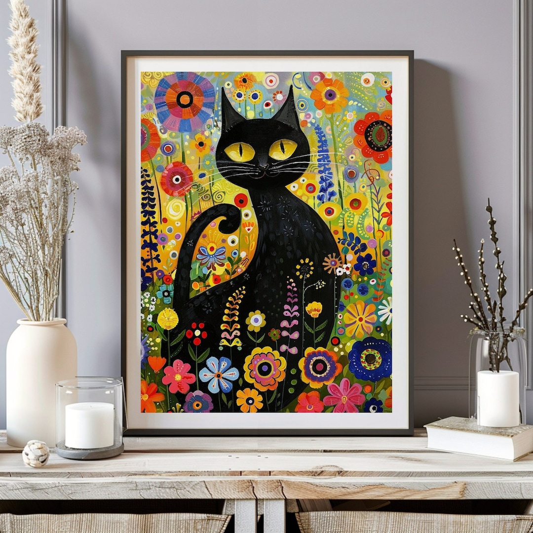 グスタフ・クリムトの庭の猫のプリント、クリムトの花の猫のポスター
