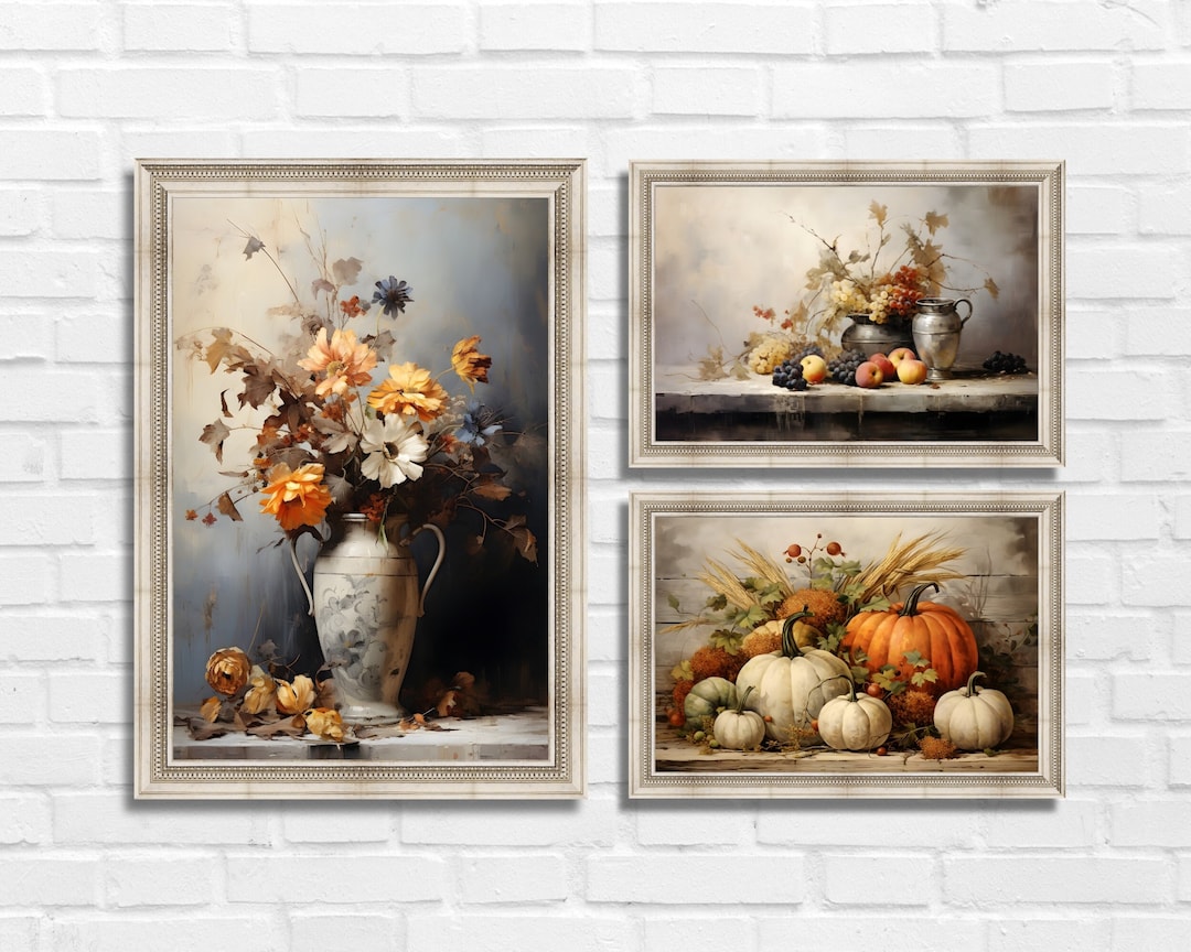 Autumn Gallery Wall Prints Set of 3, Fall Pumpkin Fruit Floral ...