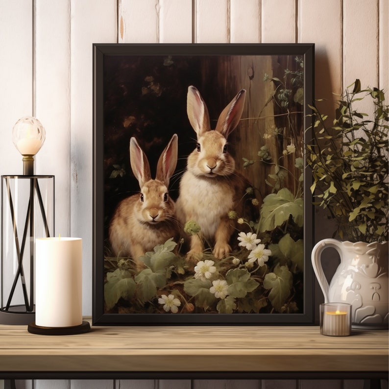 Antique Rabbit Painting, Couple Bunny Wall Art Poster, Dark Academia ...