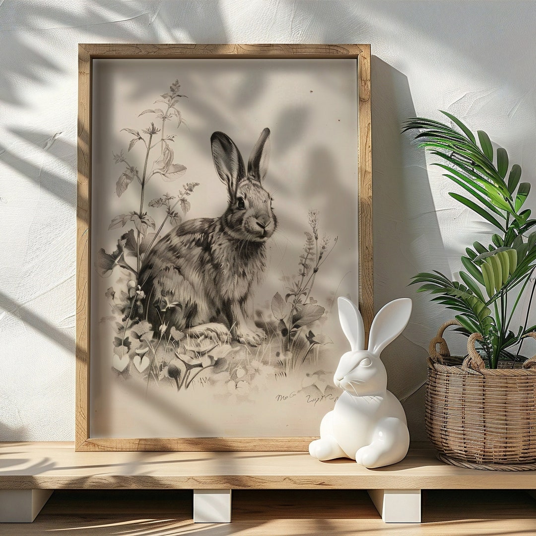 Antique Rabbit Painting, Vintage Easter Bunny Print, Digital Download ...