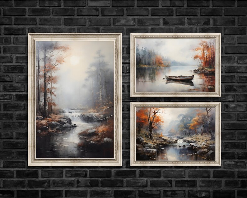 May include: Three framed paintings of misty forest scenes with rivers and waterfalls. The top left painting shows a river flowing through a forest with a waterfall in the background. The top right painting shows a lake with a boat in the middle of the lake. The bottom painting shows a river flowing through a forest with a waterfall in the background.