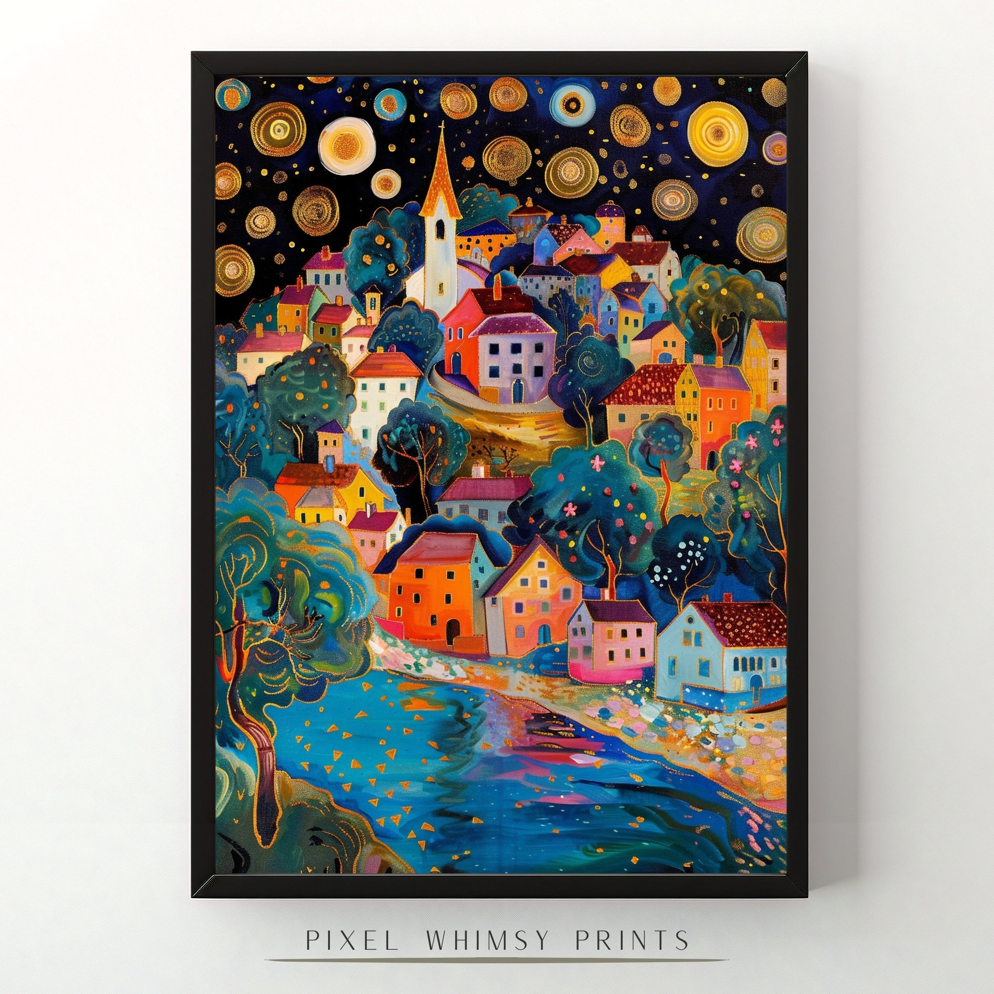 Gustav Klimt Inspired Landscape Print, Gustav Klimt Night Sky
