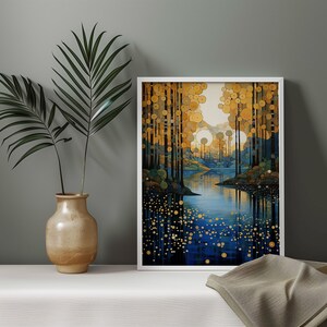 May include: A framed abstract painting of a forest scene with a river running through it. The trees are stylized and have a golden yellow color. The river is a deep blue with a reflection of the trees. The background is a dark blue.