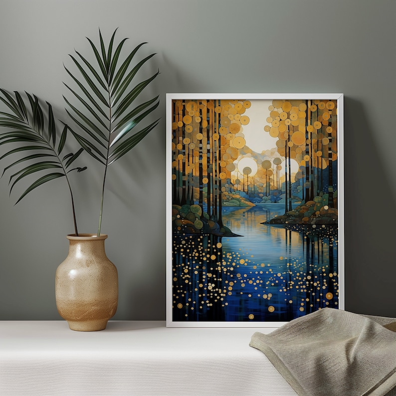 May include: A framed abstract painting of a forest scene with a river running through it. The trees are stylized and have a golden yellow color. The river is a deep blue with a reflection of the trees. The background is a dark blue.