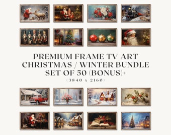 May include: A set of 50 framed digital art prints featuring winter and Christmas scenes. The images include a variety of subjects, such as Santa Claus, snowmen, winter landscapes, and Christmas decorations. The text "PREMIUM FRAME TV ART CHRISTMAS / WINTER BUNDLE SET OF 50 (BONUS)+" is displayed in the center of the image. The text "(3840 x 2160)" is displayed below the text "SET OF 50 (BONUS)+".