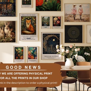 May include: A collection of framed art prints displayed on a wall. The prints feature various designs, including botanical illustrations, a fox, rabbits, and abstract patterns. The text "WILLIAM MORRIS" and "COTTON PRINTS EXHIBITION" are visible on some prints. A banner at the bottom reads "GOOD NEWS".