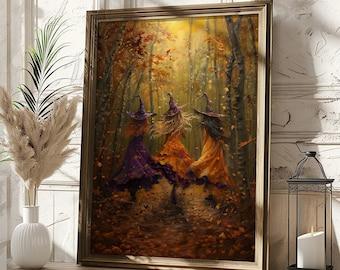 Fall and Halloween Living Room Witch Wall Art, Beautiful Witches in Fall Forest Print, Ethereal Witches, Magical Enchanting Witches Poster