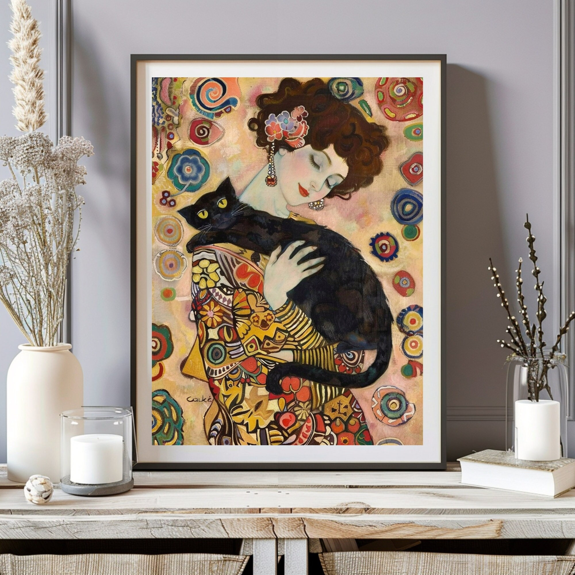 The Gustav Klimt Woman and Cat Print, Gustav Klimt Poster The Gustav Klimt Woman and Cat Print, Gustav Klimt Poster