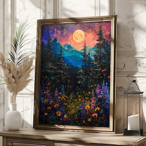 Enchanted Full Moon Wildflowers Landscape Print, Moon above the Wildflower Nature Oil Painting, Flowers and Moon Mystical Midnight Art