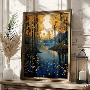 Gustav Klimt Print, Klimt Exhibition Poster, Gustav Forest Village Night Poster, Klimt Moon Stars Tree Wall Art Print, Gustav Klimt Painting image 4