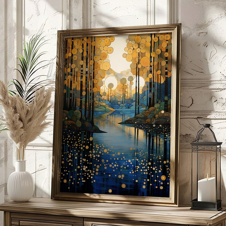 Gustav Klimt Print, Klimt Exhibition Poster, Gustav Forest Village Night Poster, Klimt Moon Stars Tree Wall Art Print, Gustav Klimt Painting image 4