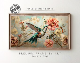 Puede incluir: Una impresión enmarcada de un colibrí con plumas verdes y azules flotando cerca de una flor rosa. El fondo es azul claro con un patrón floral. La impresión se titula "Premium Frame TV Art 3840 x 2160".