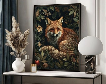 Fox in Deep Magic Forest Core Decor, Moody Retro Oil Painting Dark