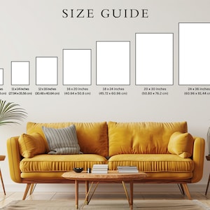 May include: A size guide graphic displays six rectangular frames with dimensions ranging from 9x11 inches to 24x36 inches. The text "SIZE GUIDE" is at the top. The frames are displayed above a yellow sofa with decorative pillows and wooden side tables.