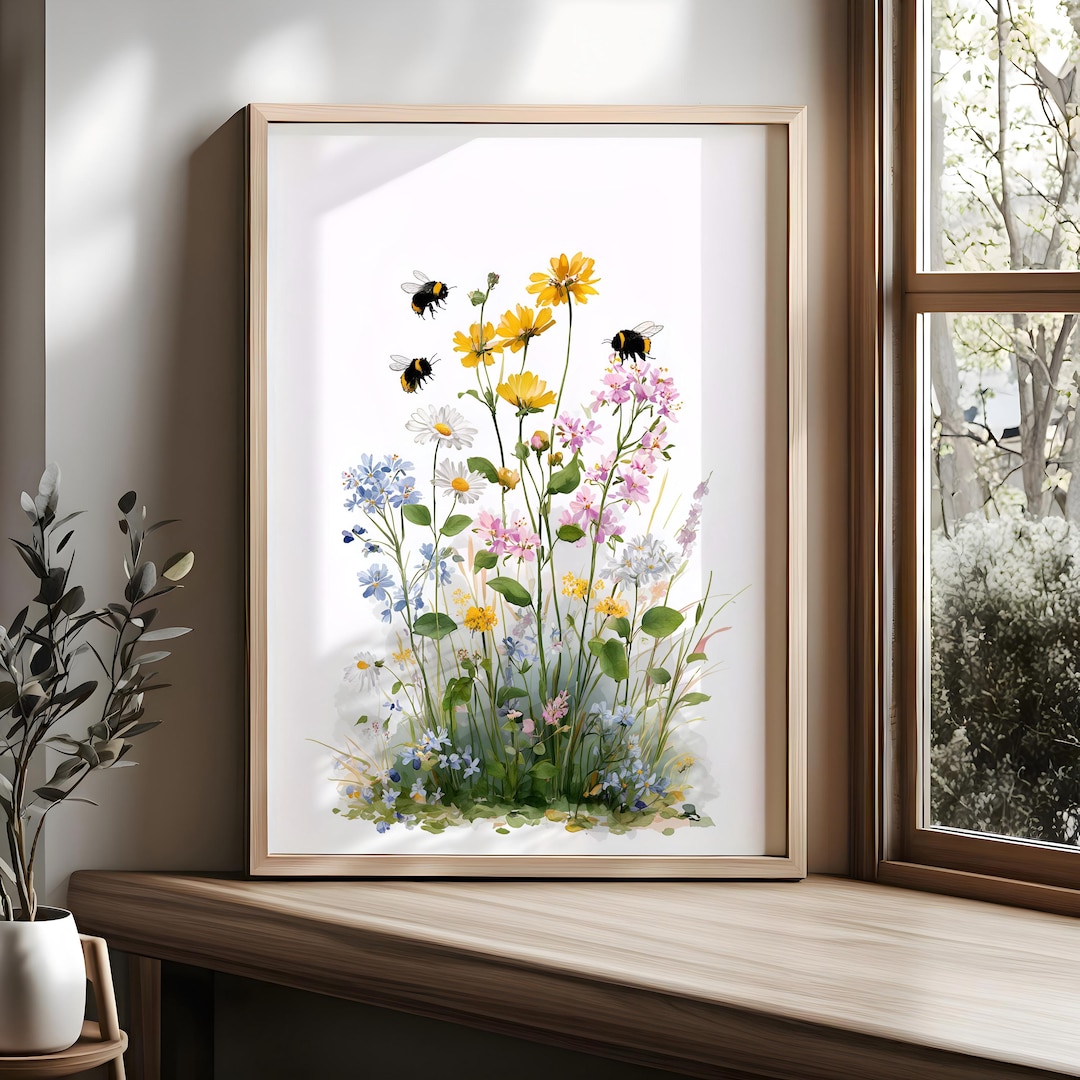 Wildflower Watercolor Wall Art, Wildflower Bee Print, Cottagecore ...