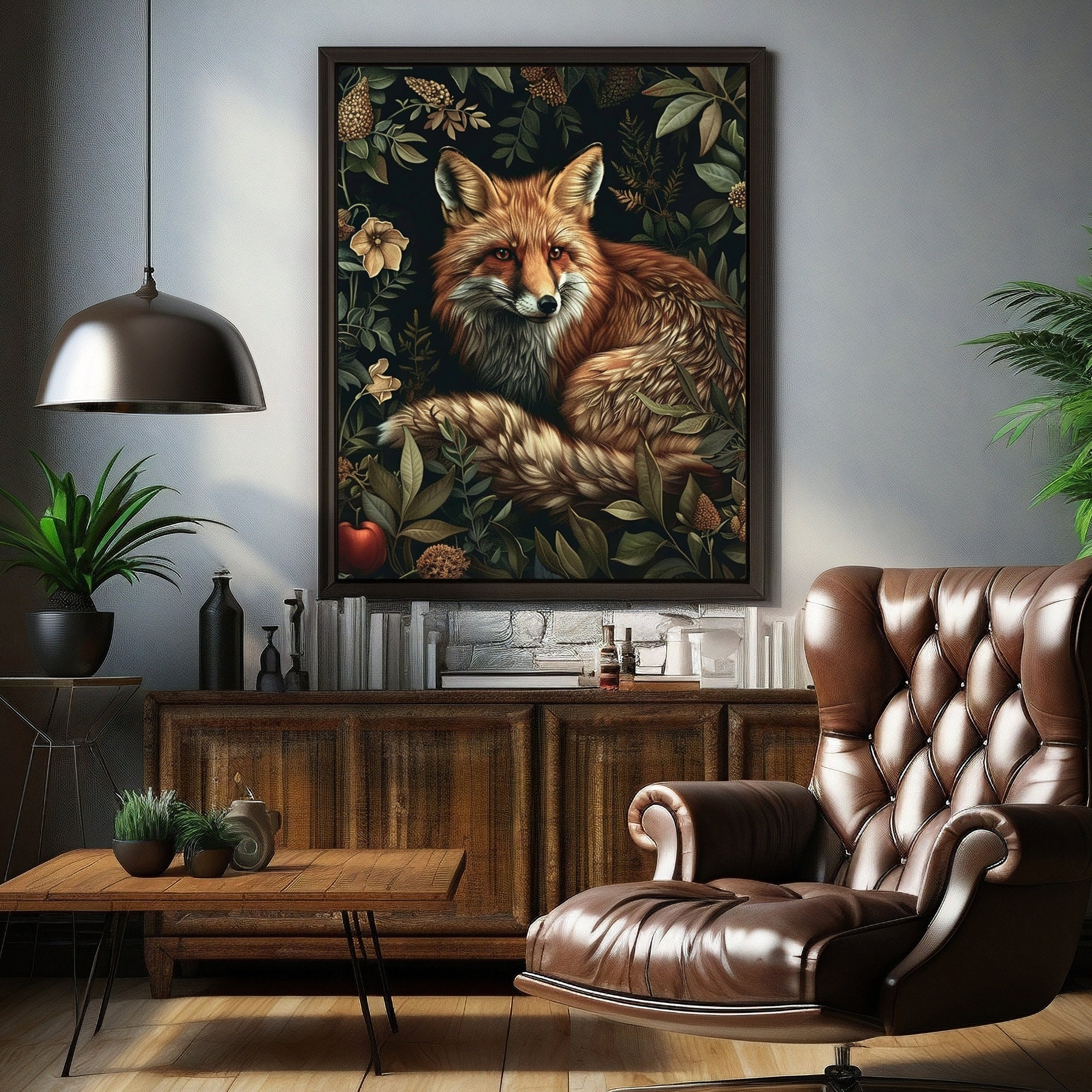 Fox in Deep Magic Forest Core Decor, Moody Retro Oil Painting Dark