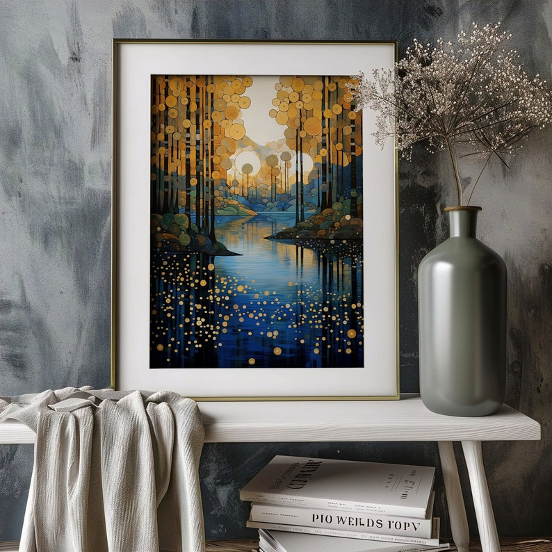 May include: A framed print of a painting depicting a blue river flowing through a forest of golden trees. The trees are made up of small circles, creating a geometric pattern. The river reflects the trees and the sky, creating a shimmering effect.