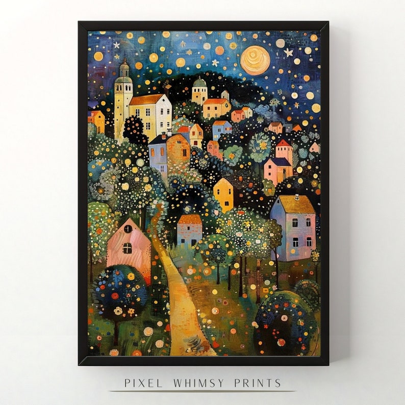 May include: A framed art print depicting a whimsical village scene under a starry night sky. The artwork features colorful houses, trees, and a winding path, with a large moon and a church tower. The text "PIXEL WHIMSY PRINTS" is at the bottom.