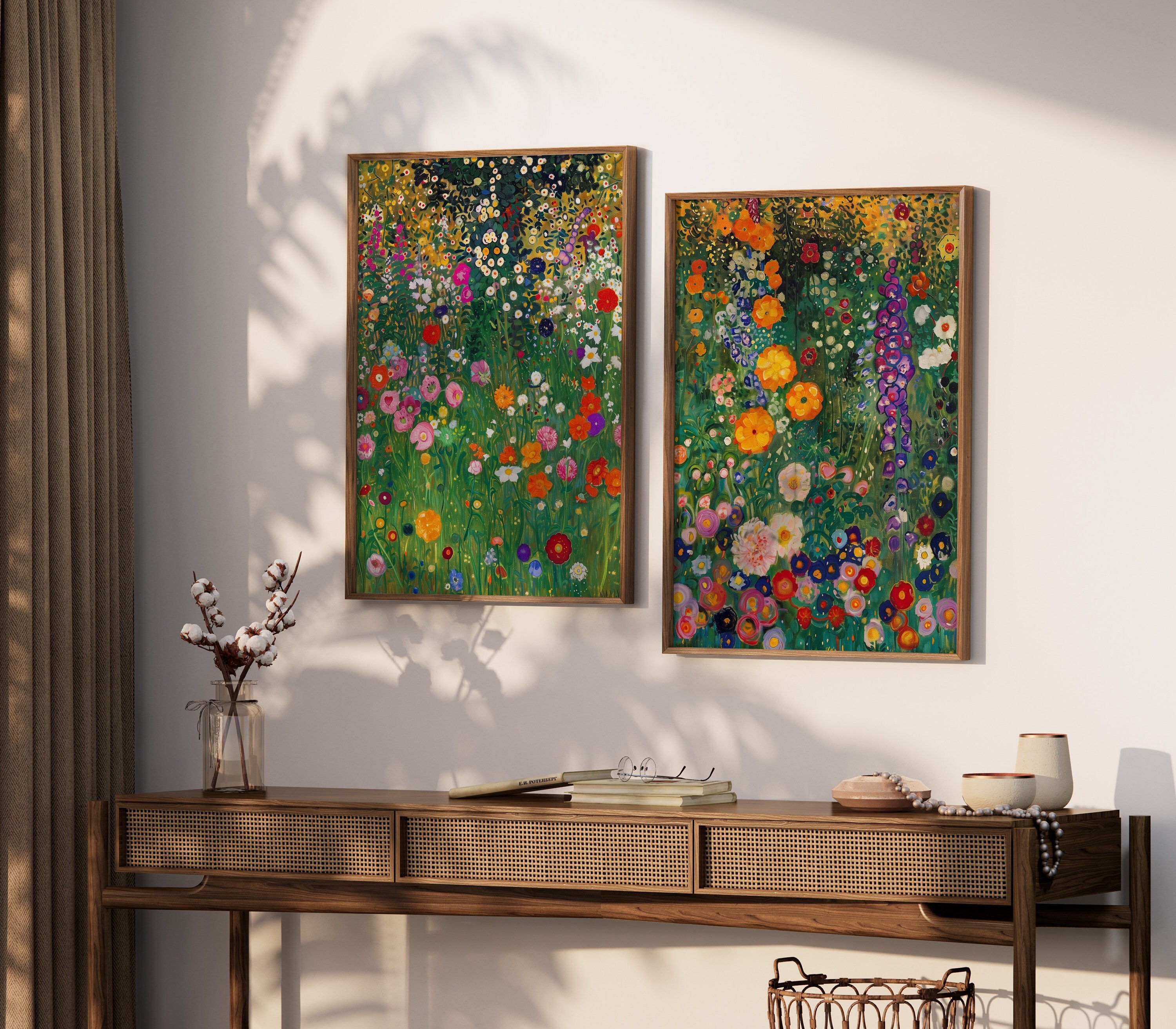 Juego de 2 láminas de Gustav Klimt "Jardín de la Granja", póster de Gustav Klimt, flores de Klimt, decoración floral de pared, lámina de arte mural, decoración de pared de Gustav Klimt