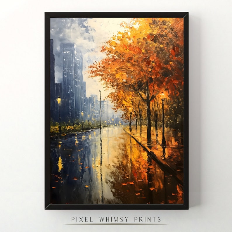 Rainy Autumn City Print, Moody Fall Cityscape Print, Antique Fall City