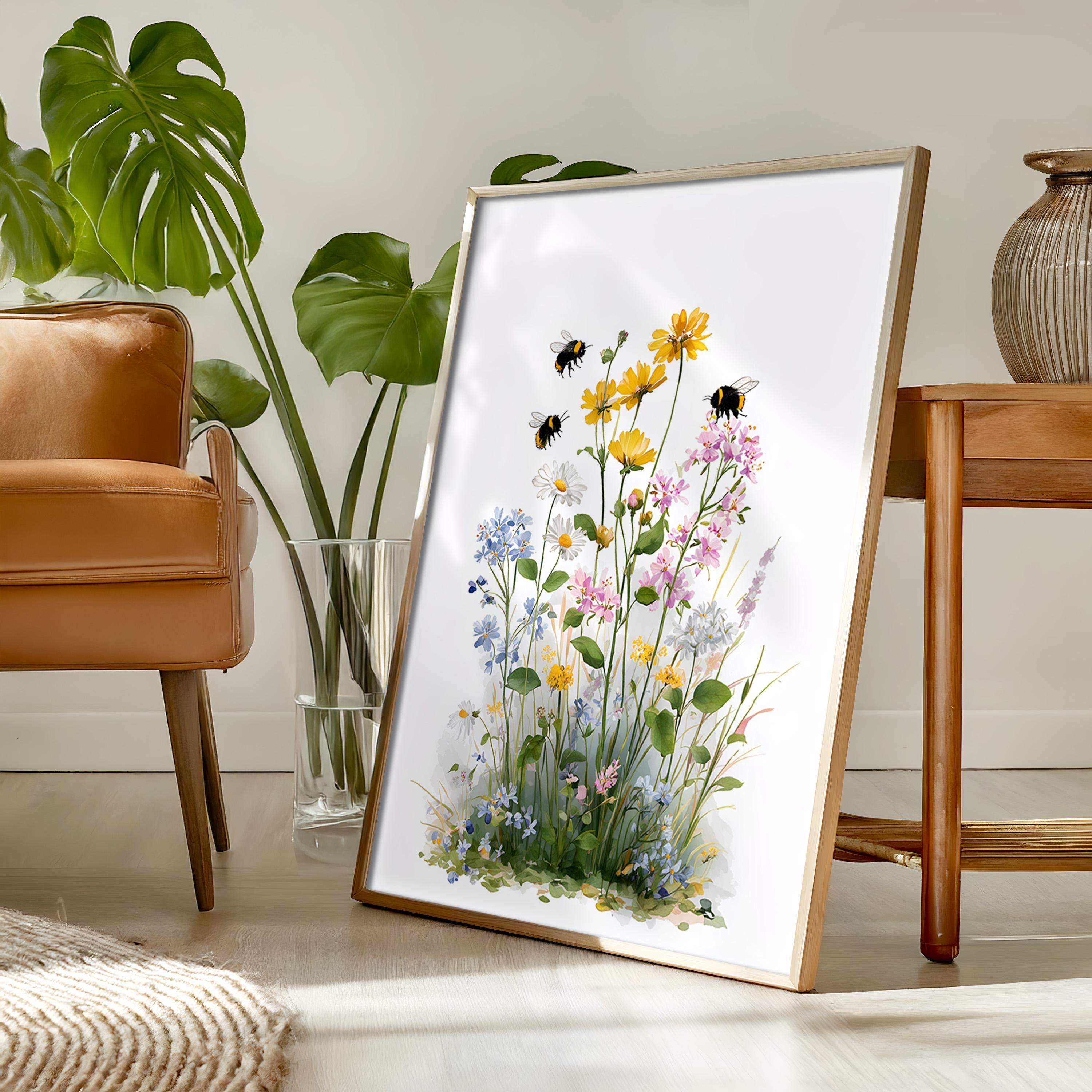 Wildflower Watercolor Wall Art, Wildflower Bee Print, Cottagecore ...