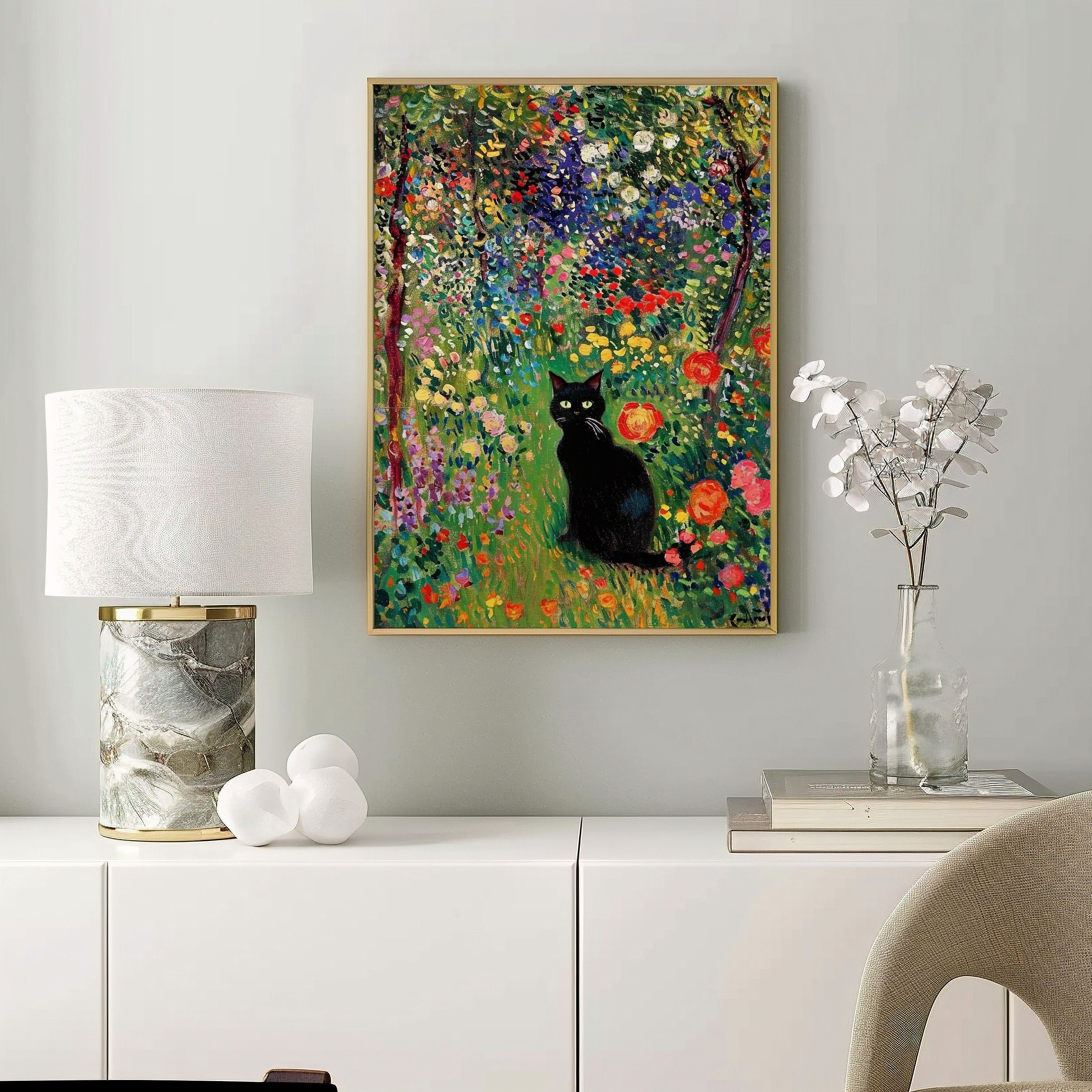 クロード・モネの庭の猫のプリント、クロード・モネの猫のポスター、黒