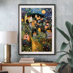 May include: A painting of a whimsical village at night with colorful houses, trees, and a bright moon in the sky. The houses are painted in shades of blue, yellow, pink, and green. The trees are filled with small, white lights, and the moon is surrounded by stars.