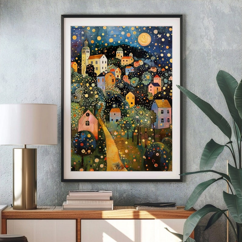 May include: A painting of a whimsical village at night with colorful houses, trees, and a bright moon in the sky. The houses are painted in shades of blue, yellow, pink, and green. The trees are filled with small, white lights, and the moon is surrounded by stars.