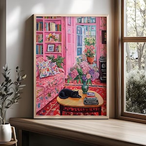 Henri Matisse Druck, schwarze Katze Matisse Poster, rosa Preppy Coquette Raumdekor, girly Drucke rosa Mode rosa Funky Kunst, Henri inspirierte Kunst